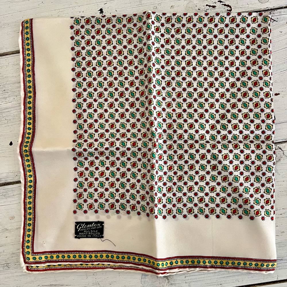 Vintage Glentex 100% Silk Scarf  18.5” by 18.5” Retro Pattern Hand Rolled